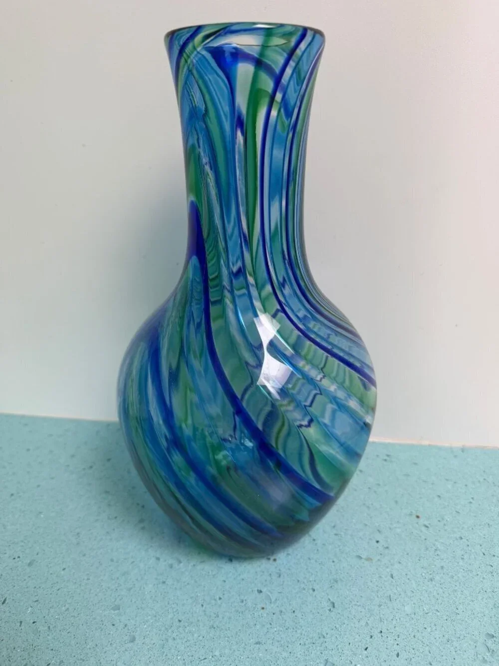 Michael Egan Vermont 2001 Handblown 12 inch Art Glass Vase Blue Green Handmade